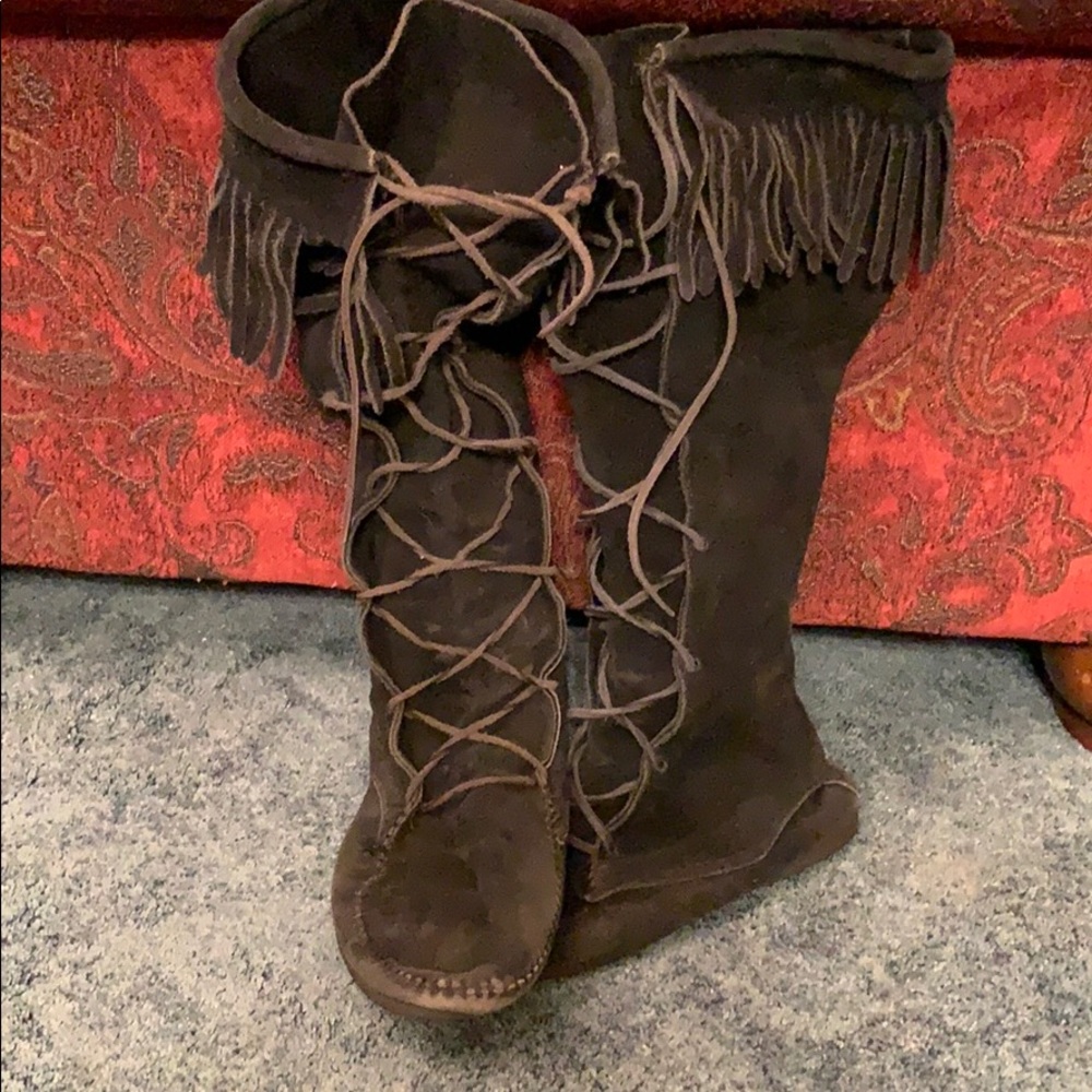 Vintage knee high black suede moccasins